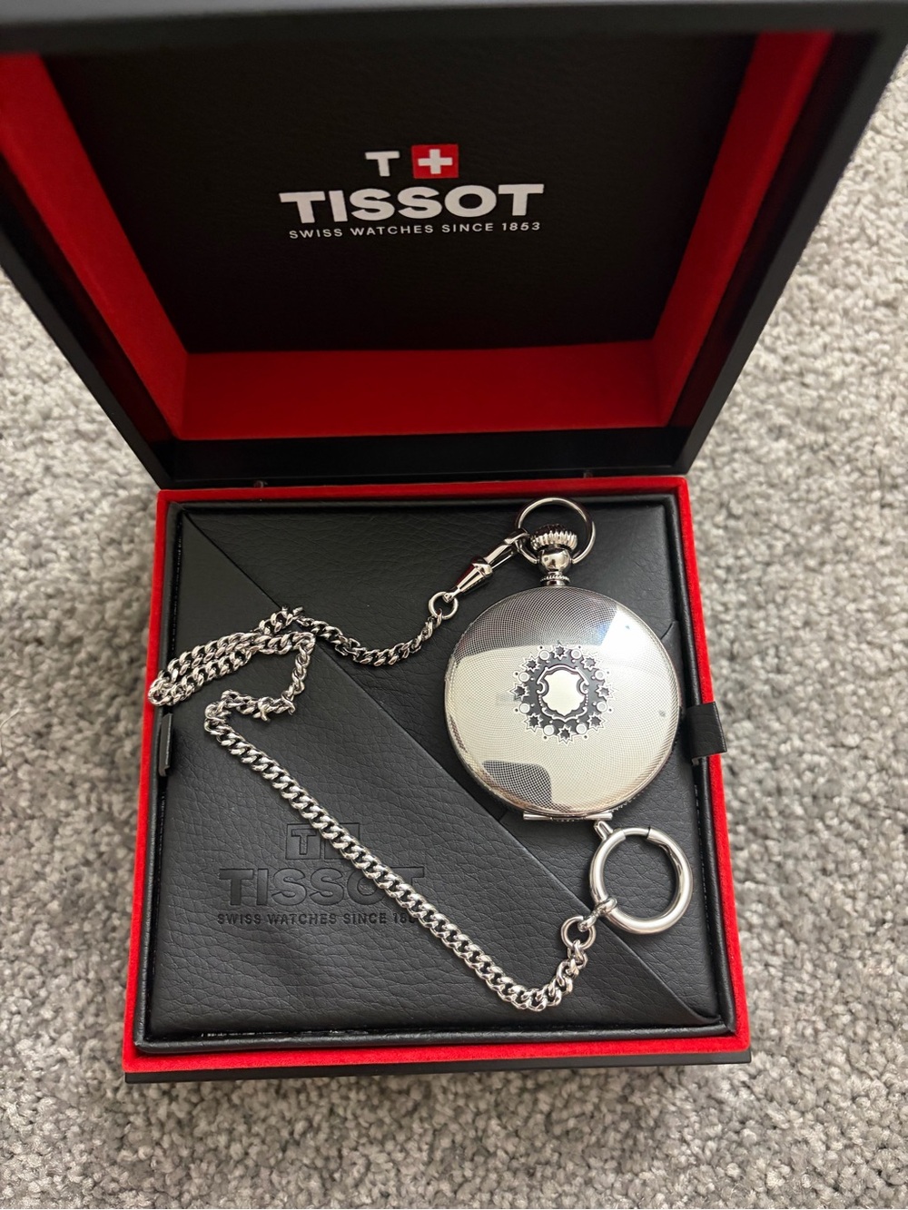 Tissot Polished Silver Pocket Watch with Chain